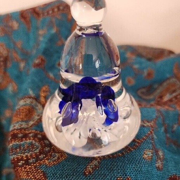 Joe Rice St Clair Blown Glass Bell Blue White Flower 2016 Paperweight 4.25" - Picture 3 of 6